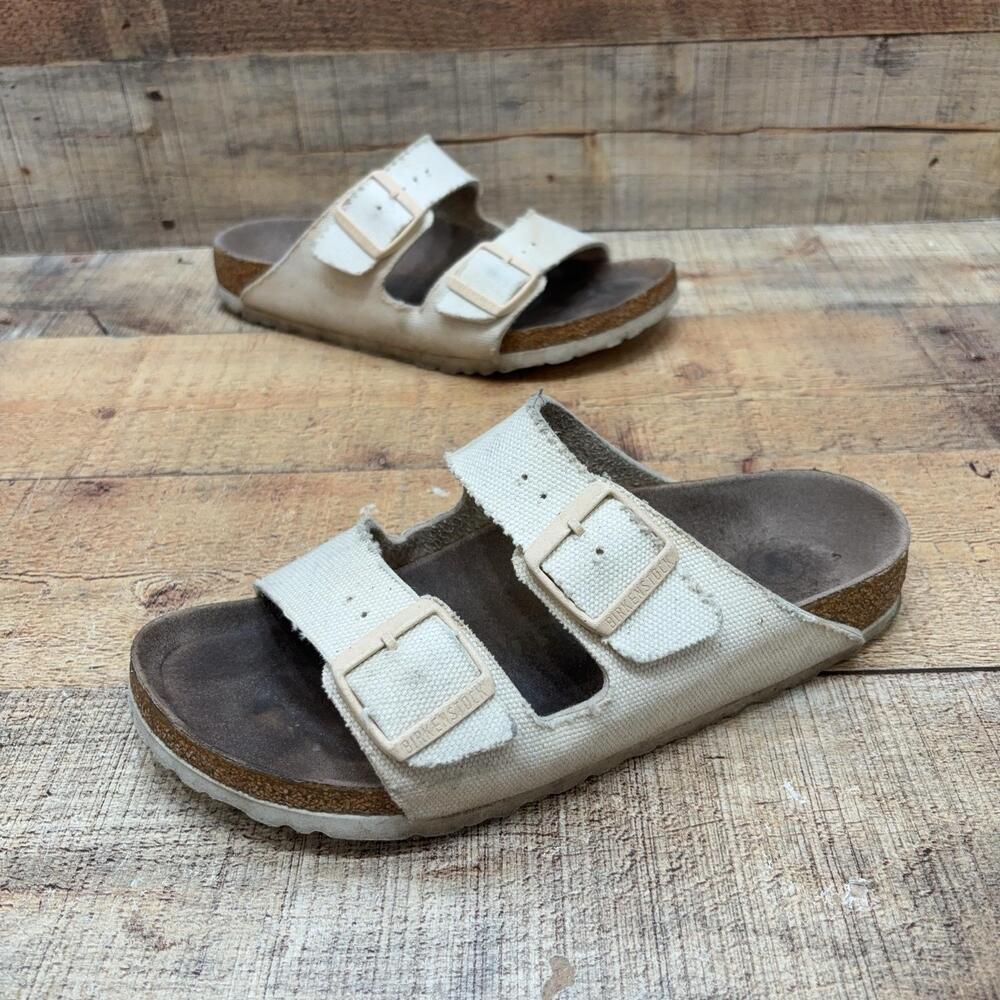 Birkenstock Arizona Sandals Womens Size 8 39 N Beige Cotton Slide Comfort Shoes